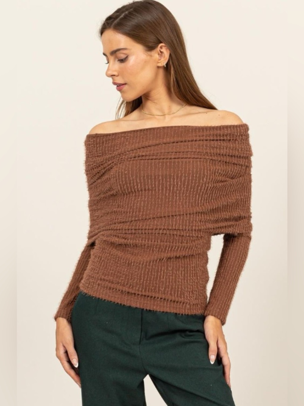 Hyfve Fuzzy Off Shoulder Textured Knit Top